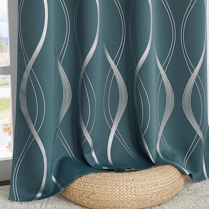 NICETOWN 100% Blackout Curtains Panels for Living Room, Greyish Blue, 52" Wide x 63" Long, 2 Panels, Sound Reducing Thermal Insulated Wave Line Foil Print Design Curtains for Patio Sliding Glass Door