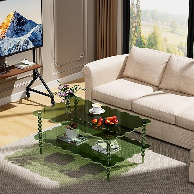 Acrylic Coffee Table, 2-Tier Living Room Table with Storage, Center Table Mid-Modern Century for Living Room, Easy to Assemble (Green, 37.8“×23.6“×15.7”)