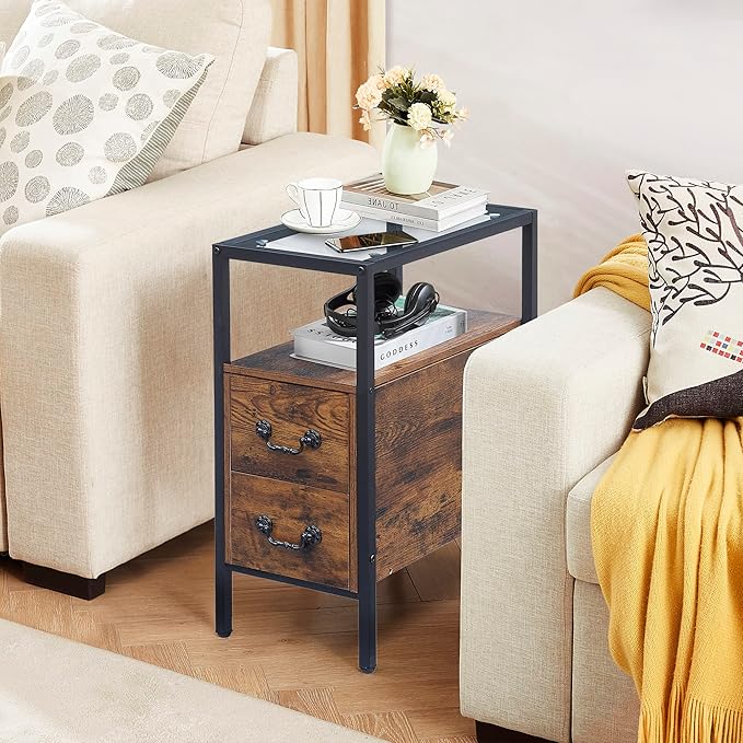 VECELO Narrow Side Table, Night Stand Sofa Table with Glass Top,Bedside End Tables with Storage Drawers,Wood Nightstand for Small Spaces Living Room Bedroom,Brown