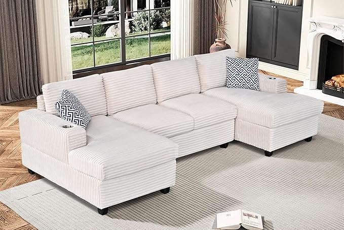 Ball & Cast 124" U-Shaped Sectional Sofa Couches for Living Room with Double Chaise,Cup Holders & Pillows,4 Seat Striped Corduroy Upholstered Modern Modular Sectional Sofa Set,for Home,Office,Beige