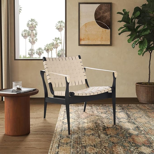 SAFAVIEH Couture Collection Dilan Black Solid Wood/White Genuine Leather Safari Chair (Fully Assembled)