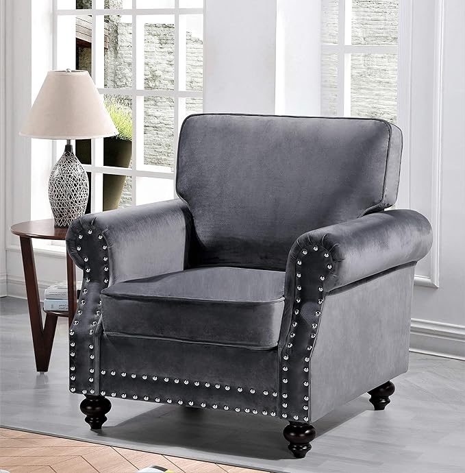 Container Furniture Direct Lotus Mid Century Modern Velvet Upholstered Living Room Rolled Arms, Chair, Fossil Grey