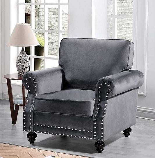 Container Furniture Direct Lotus Mid Century Modern Velvet Upholstered Living Room Rolled Arms, Chair, Fossil Grey