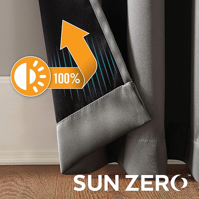 Sun Zero Nordic 2-pack Theater Grade Extreme 100% Blackout Grommet Curtain Panel Pair, 52" x 84", Gray(“Each panel measures 52”x84”. Combined panel pair measures 104”x84”)