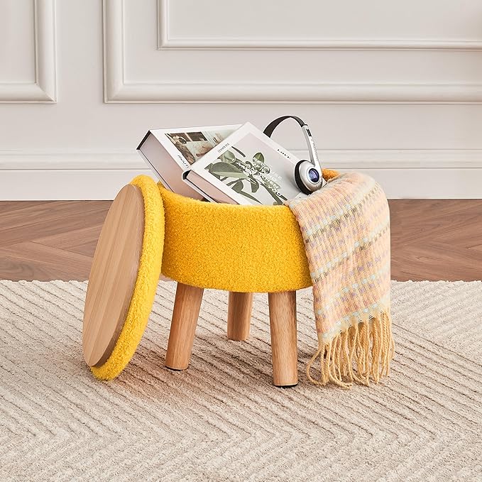 Poofzy Small Ottoman with Storage, Small Foot Stool Ottoman with Wood Legs, Sherpa Foot Rest for Couch, Living Room and Bedroom - Yellow