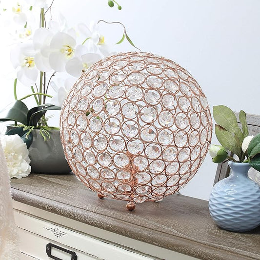 Elegant Designs LT1067-RGD 10" Elipse Crystal Collection Metal Crystal Ball Sequin Table Desk Lamp for Accent Lighting, Décor, Living Room, Rose Gold