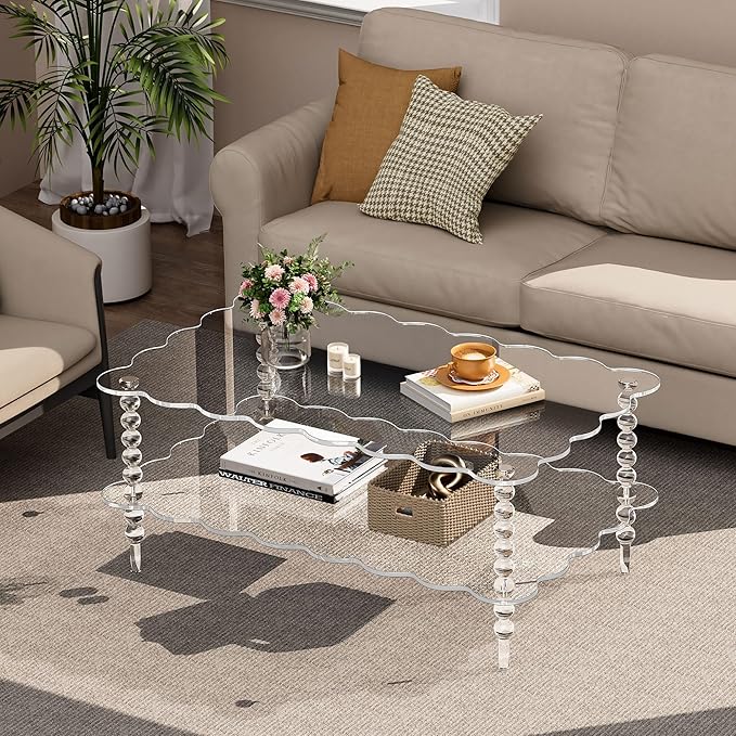 Acrylic Coffee Table, 2-Tier Living Room Table with Storage, Center Table Mid-Modern Century for Living Room, Easy to Assemble (Clear, 37.8“×23.6“×15.7”)