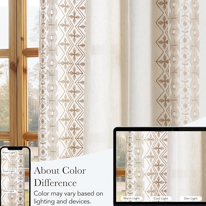 NICETOWN 102" Long Thick Cream Linen Curtains Light Sand Floral Pattern - Elegant Drapes for French Sliding Door, Farmhouse Style Privacy Enhancing Floor to Ceiling Window Treatments, 52 x 102, 2 Pcs