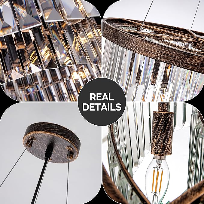 Wellmet Crystal Chandeliers for Dining Room Light Fixture, 6 Lights Farmhouse Chandelier, Modern Pendant Lights for Living Room, Kitchen Island, Bedroom, entryway, Hallway, Antique Bronze, W-21.65”