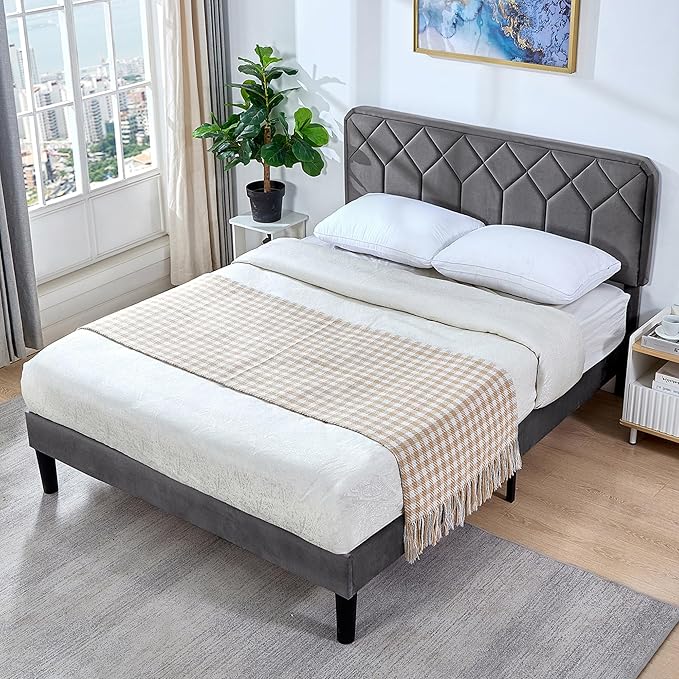 VECELO Queen Size Bed Frame Premium Velvet Upholstered Platform with Height Adjustable Headboard/Mattress Foundation, Solid Wooden Slat Support, No Box Spring Needed/Easy Assembly
