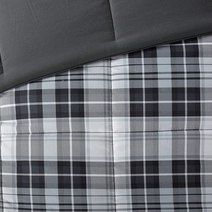Madison Park Essentials Parkston Plaid Comforter, Matching Sham, 3M Scotchguard Stain Release Cover, Hypoallergenic All Season Bedding-Set, Twin/TwinXL, Black, 2 Piece
