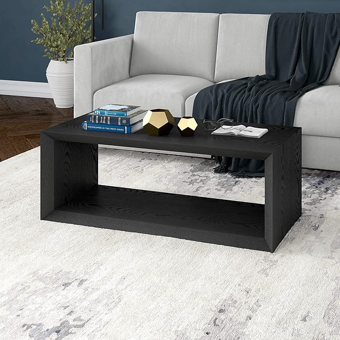 Henn&Hart 48" Rectangular Wood Coffee Table with Open Storage Shelf for Living Room, Family Room, or Office, Natural Black