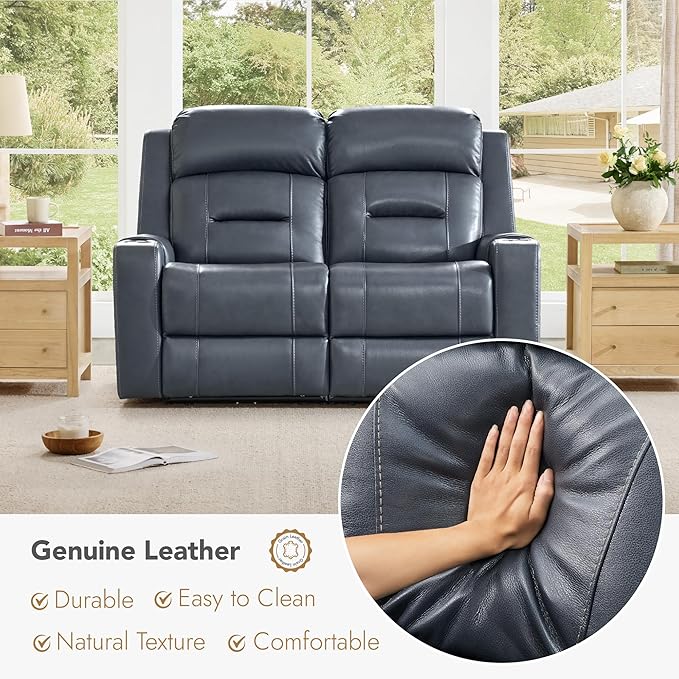 Watson & Whitely Genuine Leather Power Loveseat Recliner Sofa, Lay Flat Loveseat Reclining Sofa with Power Headrest, Cup Holders, USB & Type-C Ports, Dual Recliners for Living Room, Navy Blue