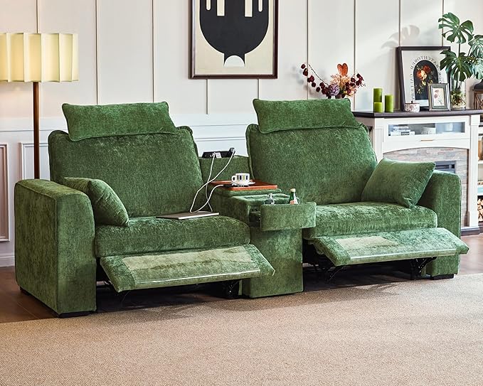 102.8'' Loveseat Power Recliner Sofa with Headrest, Oversized Cloud Modular Sectional Reclining Couch with Table, Storage Drawer, Charging, 2-Seater for RV Home Theater, Chenille, Green