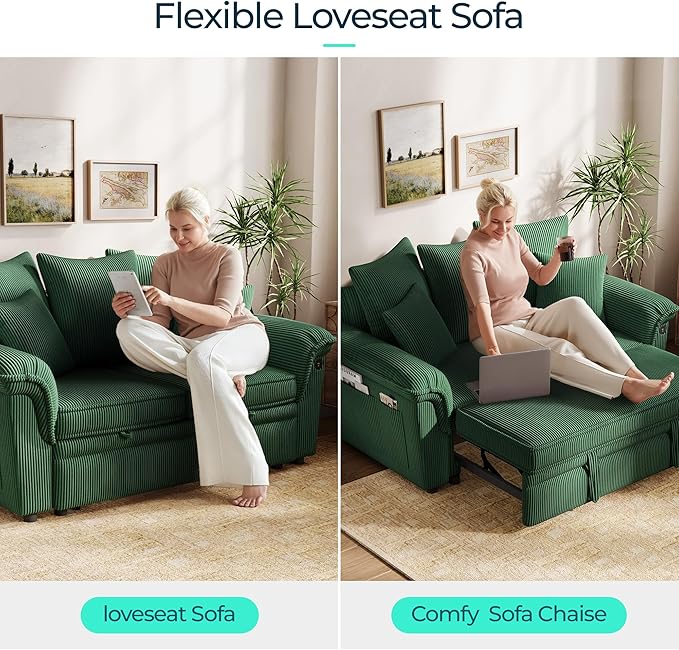 LINSY HOME Sectional Loveseat Sofa with Pull Out Chaise (Green, 62.5'') | USB Charging, Pillow-style Armrest, Multiple Cushions, Side Storage Pockets, Corduroy Fabric