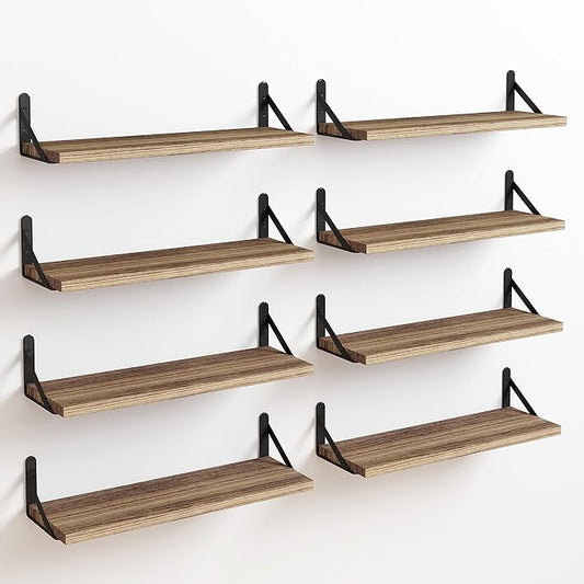 Fixwal Floating Shelves Width 4.7in Rustic Wood Wall Shelves Set of 8, Wall Shelves for Bedroom, Living Room, Kitchen, Bathroom, Office Decor and Plants Display (Carbonized Black)
