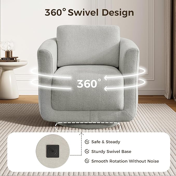 Swivel Accent Chair, 360° Upholstered Swivel Chair, 350 lbs Capacity, Kiln Dried Solid Wood Frame Lumbar Cushion,FSC Certified Upholstered Chair for Living Room Bedroom，Gray