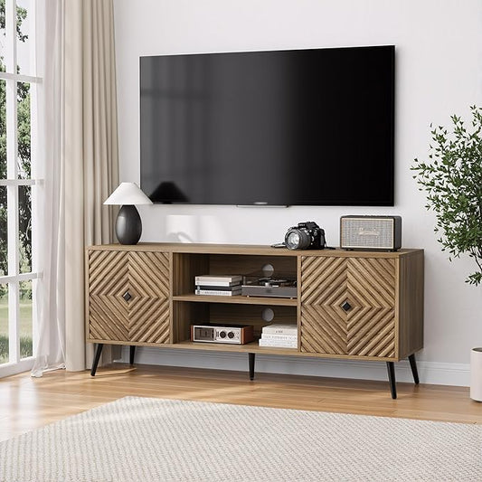 Smuxee Walnut TV Stand with Fluted Diamond Doors, 55.12" Mid Century Modern TV Media Console for TVs up to 65", TV Cabinet with Adjustable Shelf & 2 Cabinets for Living Room