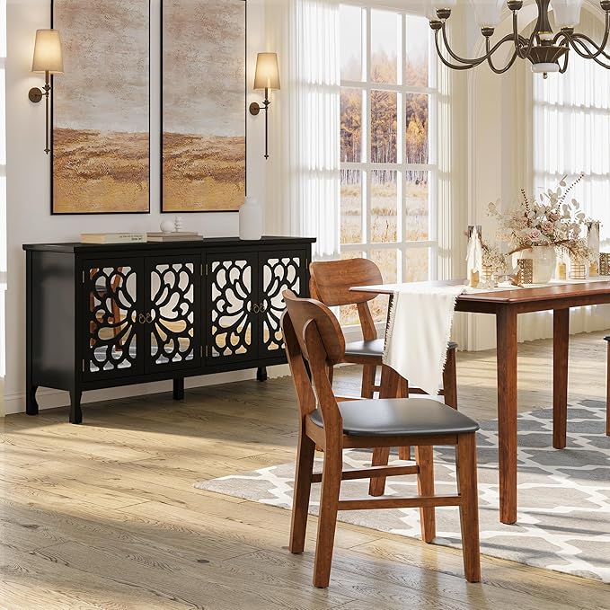 63" Carved Buffet Cabinet with Mirrored Door, Modern Console Cabinet with Storage and Adjustable Shelves, Wood Media Cabinet for Entryway, Living Room, Bedroom, Dining Room, Bathroom (Black)