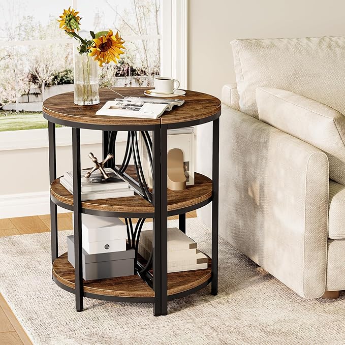 LITTLE TREE Half Round End Table, 3-Tier Narrow Side Table with Metal Frame, Half Circle Table, Half Moon Small Coffee Accent Table Bedside Table for Living Room, Bedroom