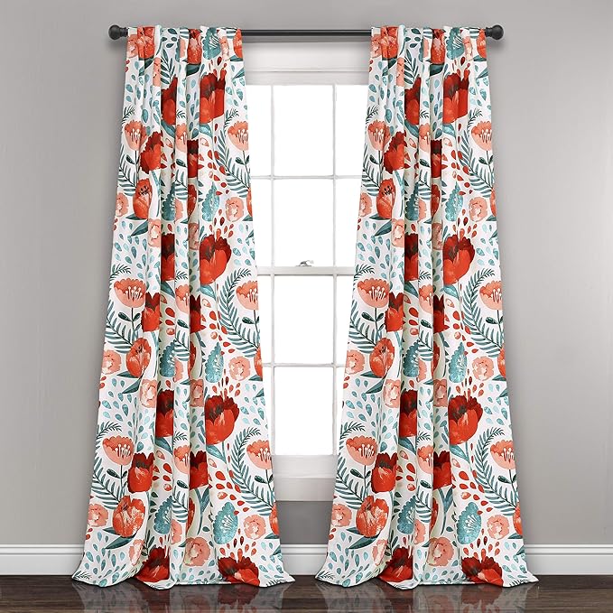 Lush Decor, 95" x 52", Multi Poppy Garden Curtains Light Filtering Window Set for Living, Dining, Bedroom, 95 in L Panel Pair