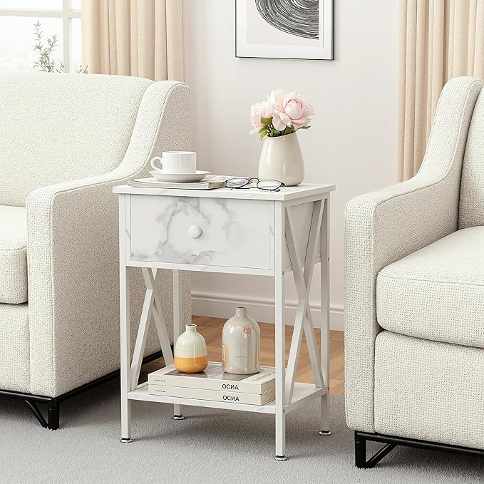 VECELO Night Stand Set of 2, End Tables with Drawer, 2-Tier Bedside Tables with X Shaped, Side Table Stand with Storage Shelf for Living Room/Bedroom,White