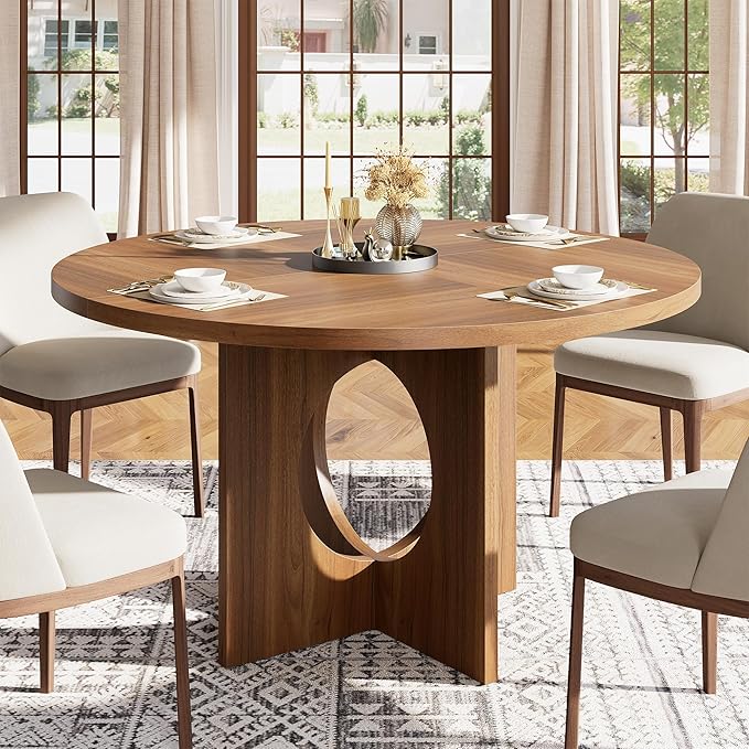 IDEALHOUSE 47" Round Dining Table, Kitchen Table for 4-6 People, Circle Tables with Sturdy Pedestal Base, Space Saving Dinning Room Furniture for Living Room, Kitchen, Apartment, Brown
