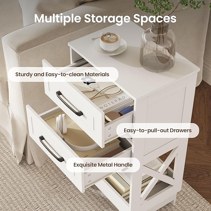 Tall Nightstand Set of 2 Side Table with 2 Drawers Modern Night Stand Wooden End Table Bedside Table with Below Open Shelf Solid Feet for Bedroom White