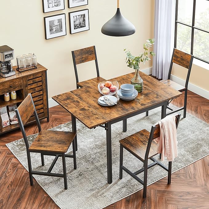 VASAGLE Extendable Dining Set, Dining Table with 2 Chairs, for Kitchen, 33.3-47.3 Inches Wide, Steel Frame, Rustic Brown and Ink Black LDC092B01V1-03