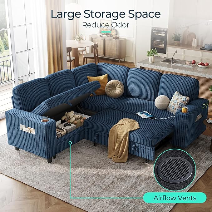LINSY HOME Sleeper Sofa Bed with Pull Out Couch Modular Sectional Sofa (Blue, Sleeper Sofa 2) | Pull Out Sofa Bed, USB Charging, Cup Holders, Plush Corduroy, Storage | Pull Out Sofa Bed, USB Charging, Cup Holders, Plush Corduroy, Storage, Convertible