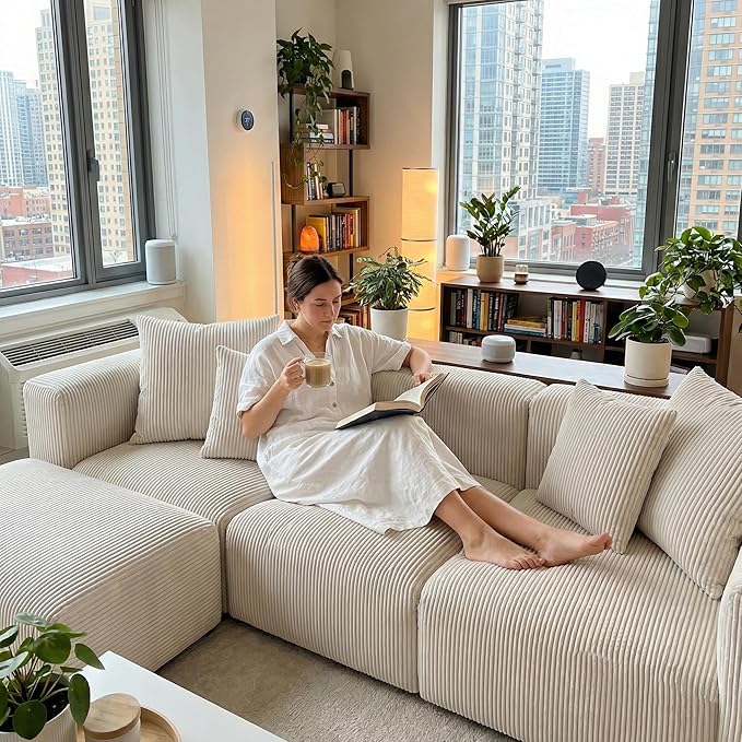 Acanva Convertible Modular Sectional Sofa with Movable Ottomans, Free Combination Corduroy Couch for Living Room Apartments, L-Shaped, White