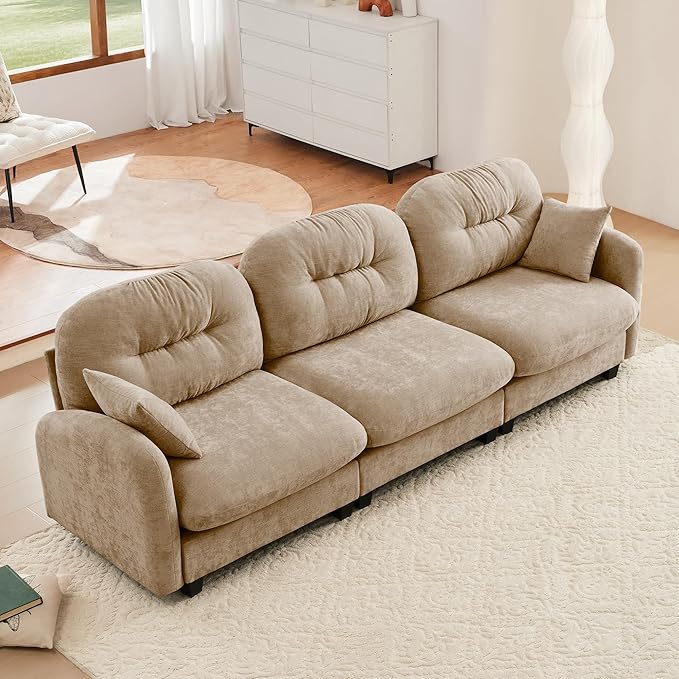KEIKI 107" Oversized Chenille Modular Sectional Sofa with High-Density Foam Cushion and Tufted Pleated Cushion Backrest, Upholstered Modern 3-Seater Cloud Couch with 2 Pillow, for Living Room, Camel