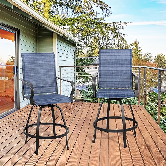 Shintenchi 2 Piece Patio Swivel Bar Chairs, All Weather Textile Outdoor Metal Bar Stools Patio Chairs Set of 2 with High Back, High Top Bistro Set Furniture for Balcony, Backyard,Garden,Deck,Deep Blue