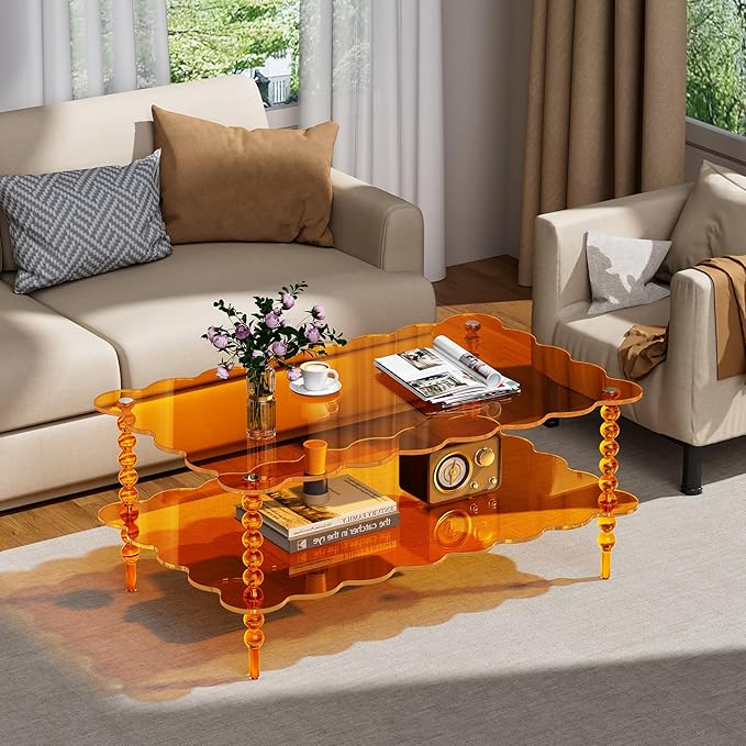 Acrylic Coffee Table, 2-Tier Living Room Table with Storage, Center Table Mid-Modern Century for Living Room, Easy to Assemble (Orange, 37.8“×23.6“×15.7”)