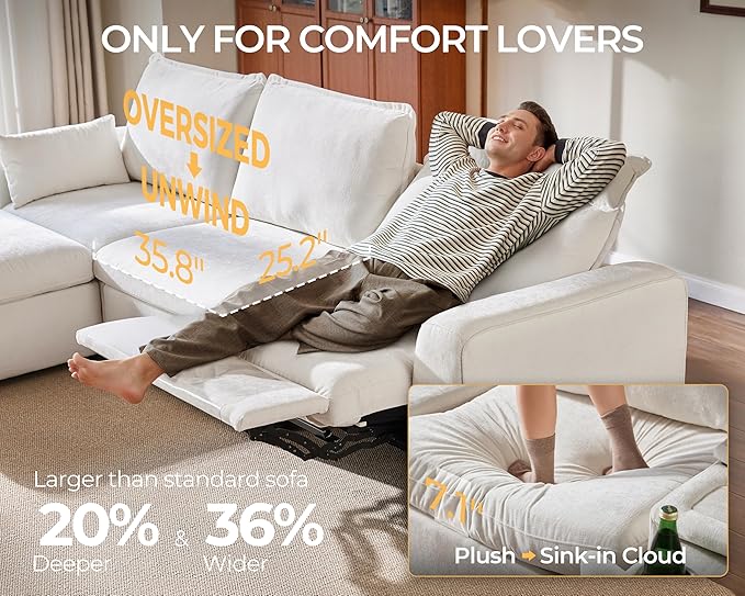 Oversized Modular Sectional Sofa with Power Recliner, Plush Cloud Couch with Headrest, Convertible Deep L-Shaped 6 Seater with Corner and Storage Ottoman, Chenille, White