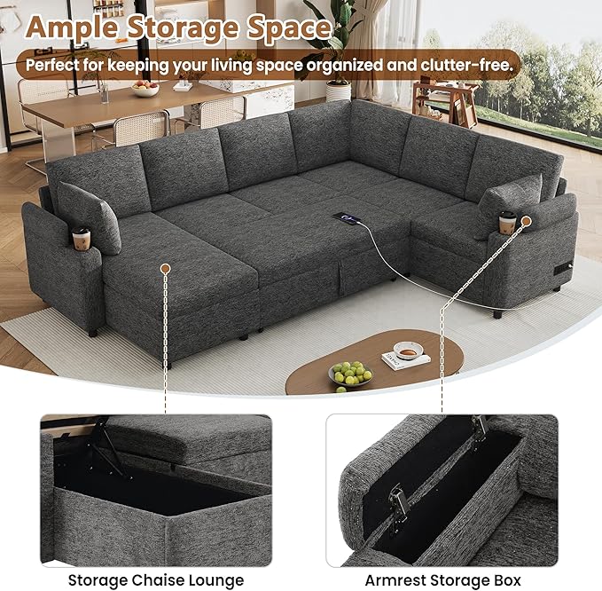 ERYE U Shaped Pull Out Sleeper Sectional Sofa Bed Modern Corner Convertible Sleeper Couch with Left Facing Storage Chaise, Cupholders, Charging Ports and Armrests Storage