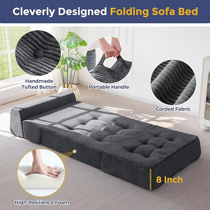 MAXYOYO 8" Folding Sofa Bed, Convertible Sleeper Sofa Lounger Foldable Mattress, Wedge Shape Floor Couch Tufted Fold Out Chair Bed Comfy Floor Couch Lounge for Living Room Bedroom, Single, Dark Grey