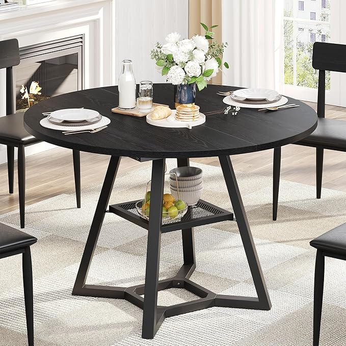 Round Dining Table for 4, Kitchen Tables Dining Room Circle Dinner Table with Pedestal Metal Frame, Space Saving Wood Industrial Kitchen & Dining Room Tables, Black 43In