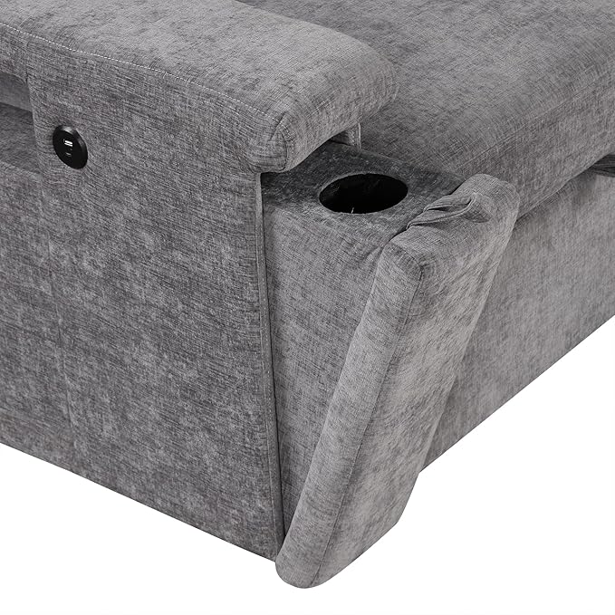Ball & Cast 90.6" Convertible Sectional Couches Fabric Sofa Set with Pull Out Bed,L-Shaped Modular Padded Cloud w/Storage Space and USB Ports & Cup Holders on the Armrests,for Living Room,Gray
