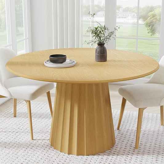 Casaphoria 52" Round Dining Table, Modern Wood Kitchen Table with Cone Shaped Strip Concave Base for Living Room & Dining Room, Easy Assembly Farmhouse Furniture for 4-6, Oak