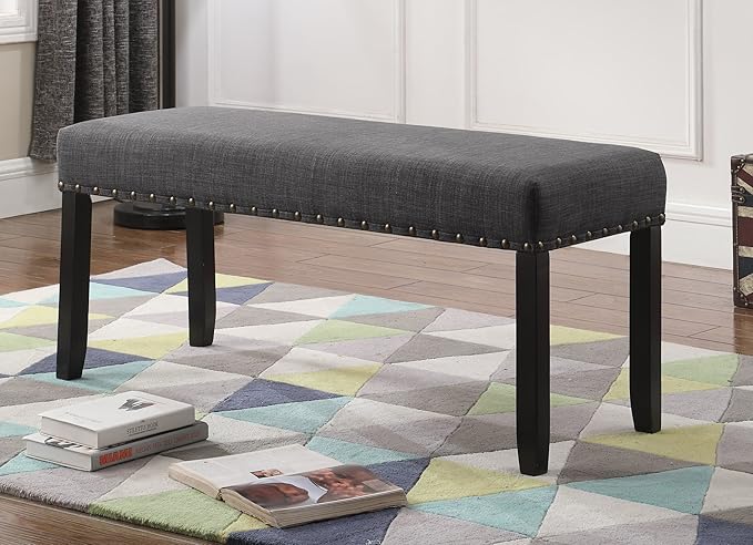 Roundhill Furniture Biony Gray Fabric Dining Chairs with Nailhead Trim, Pack of 2 Biony Fabric Dining Bench with Nailhead Trim, Grey