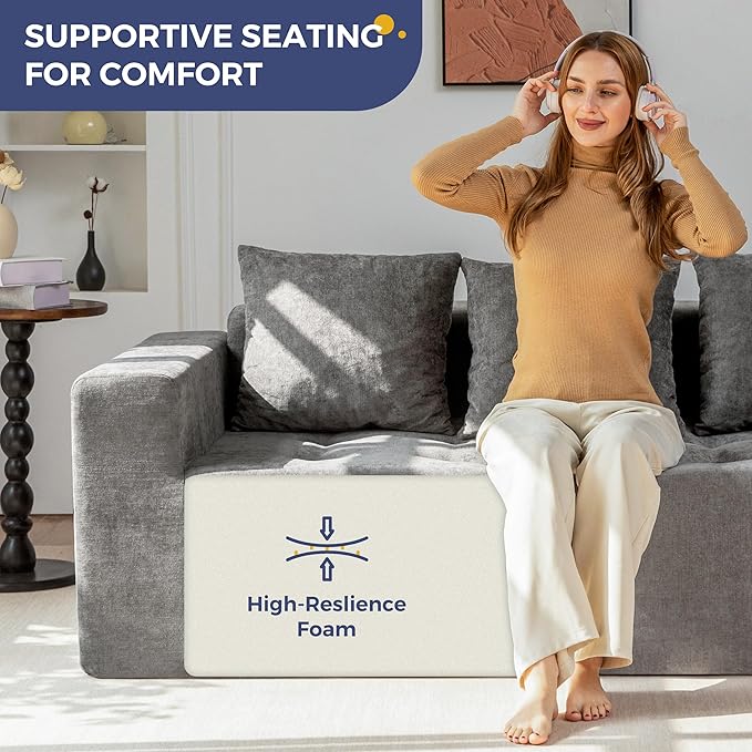 MAXYOYO Modular Sofa Couch, 75" Oversized Loveseat Boneless Cloud Couch with Deep Seat, Chenille Upholstered Living Room Sleeper Sofa Chair for Living Room, No Assembly Required, Light Grey