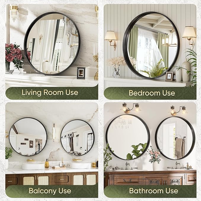 Suidia 2-Pack 24" x 24" Bathroom Mirror, Bathroom Vanity Mirror Metal Framed, Wall-Mounted Mirrors for Bedroom, Living Room, Entryway, Hallway, Black, Round Style