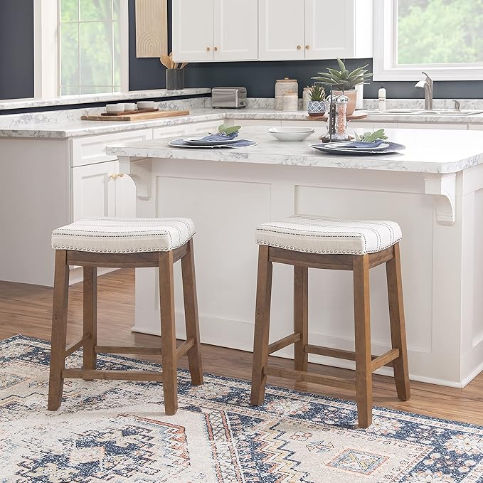 Linon Kingston Natural Wood with Upholstered Linen seat 24 Inch Seat Height Backless Counter Stool