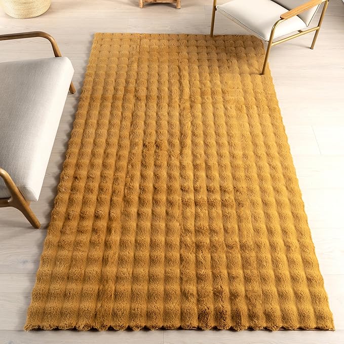 Nuloom Jeni Gold, 2'6" x 8', Solid Faux Rabbit, Fluffy and Cozy, High Traffic, Stain Resistant, Easy Clean, Durable Washable Runner for Bedroom, Living Room, Dining, Den, Foyer, Entryway