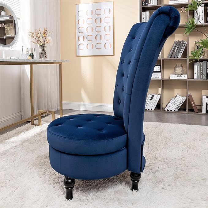 Royal High-Back Velvet Accent Chair for Vanity with Storage and Luxurious Upholstery, Retro Design and Versatile Usage for Living Room, Bedroom, Lounge and Office, Dark Blue