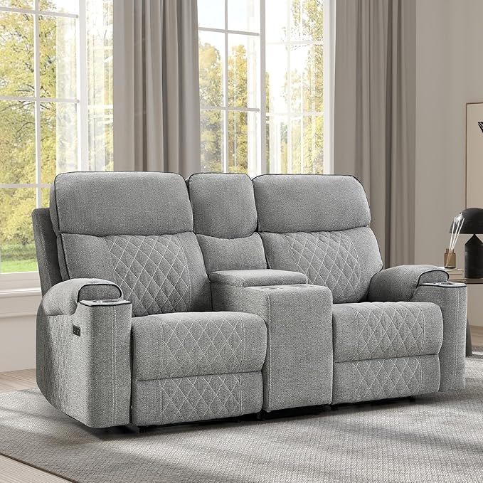 EBELLO Power Reclining Sofa Couch, Fabric Electric Recliner Loveseat Sofa with Cup Holders, USB Type-C Charging Ports and Storage Space, 2 Seats for Small Living Room, Bedroom and Meeting Room, Grey