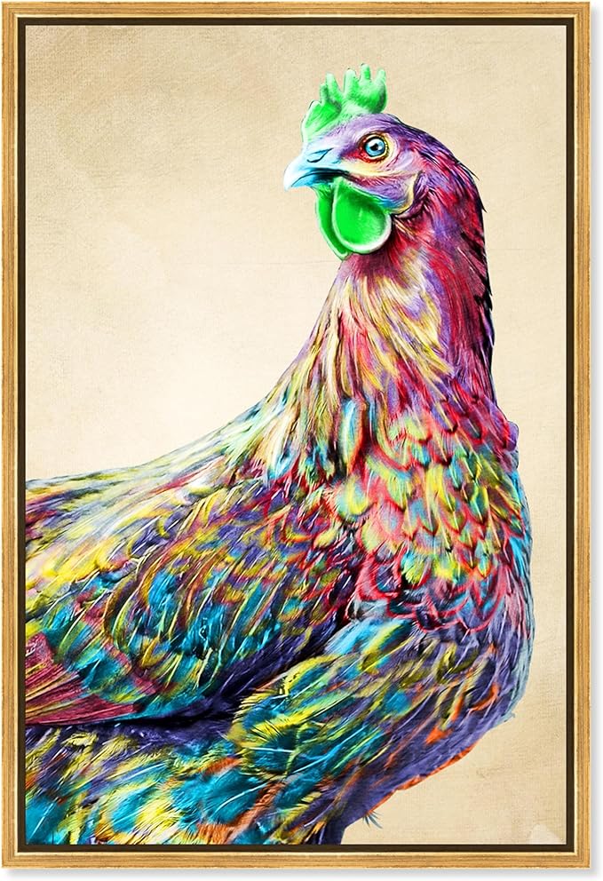 Country Farmhouse Canvas Print Painting Animal Wall Art 'Fun Colorful Glam Rooster' Gold Framed Canvas Rustic Home Décor 36x54 in Pink, Green by Oliver Gal