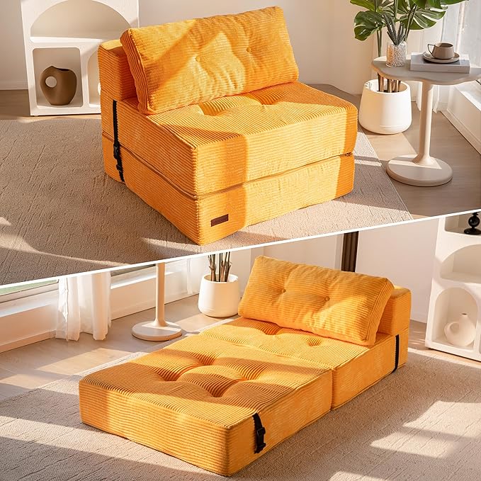 MAXYOYO Folding Sofa Bed, Convertible Sofa Bed with High-Density Support Foam, Portable 4 in 1 Fold Out Chair to Floor Lounger, Versatile Floor Couch for Living Room Bedroom, Orange
