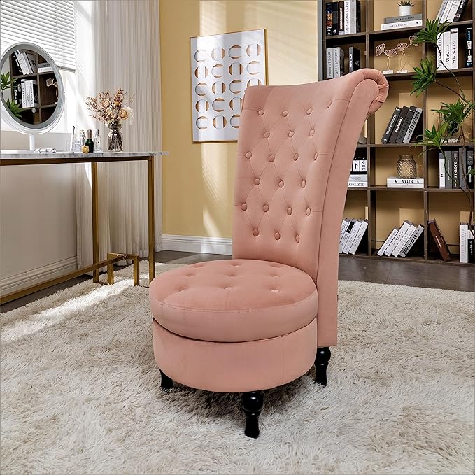 Royal High-Back Velvet Accent Chair for Vanity with Storage and Luxurious Upholstery, Retro Design and Versatile Usage for Living Room, Bedroom, Lounge and Office, Rose